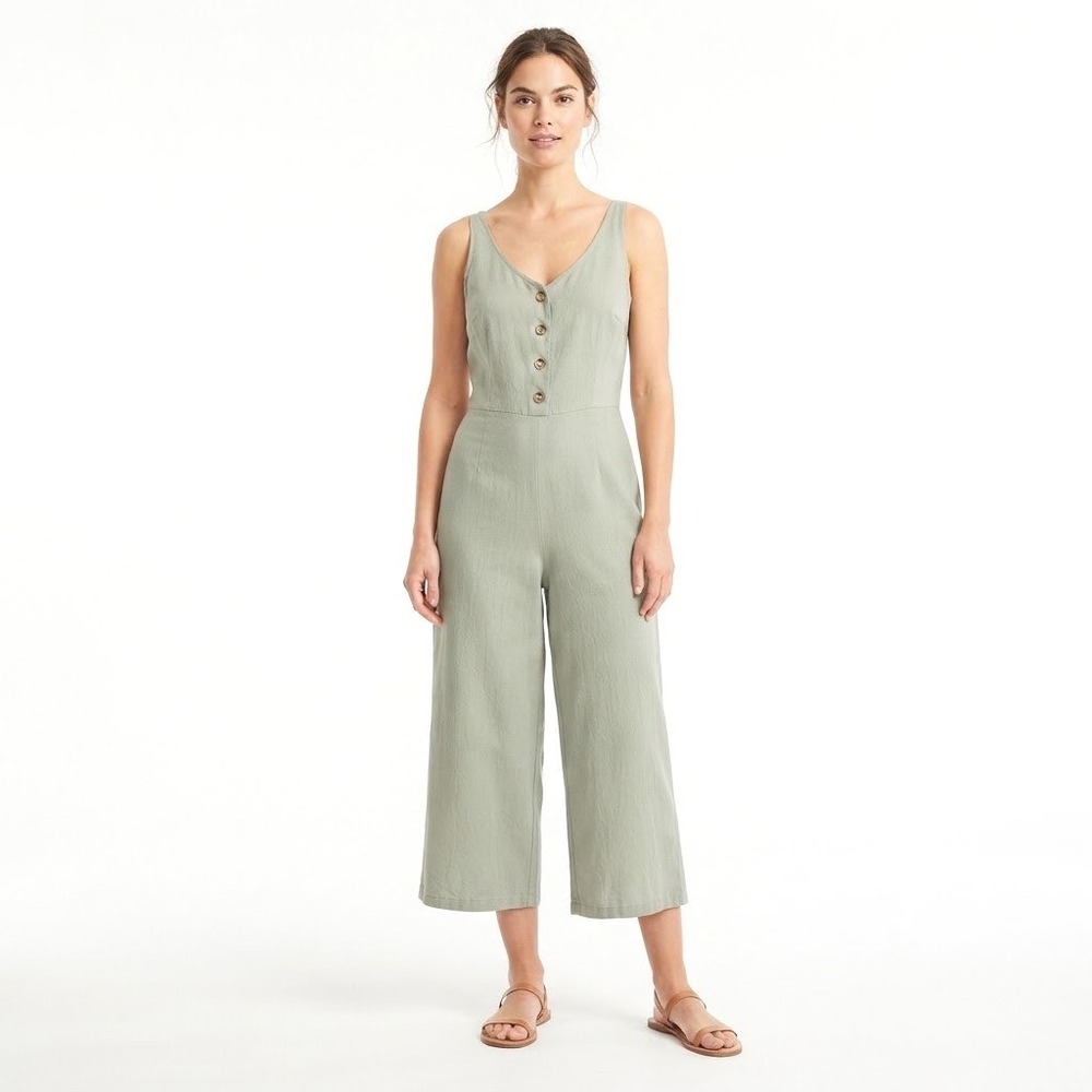 Kensie Jeans Sage Green Linen Blend Wide Leg Cropped Jumpsuit L V-Neck